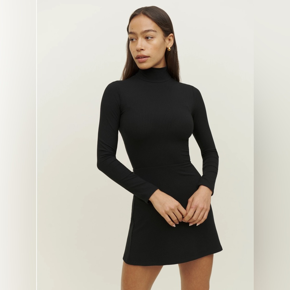 Reformation Black Ribbed Long-Sleeve Mini Dress